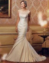 Free Shipping Wonderful Design Mermaid Boat Neck Pleat Sweep Train Satin Indonesia Wedding Dress With Beadings