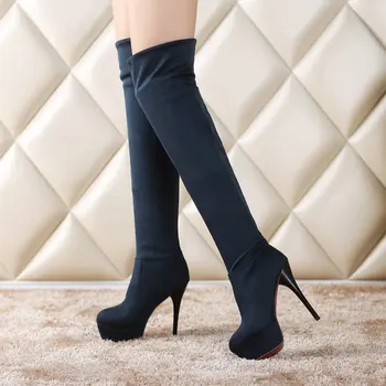 

Winter Sexy Over the Knee Boots Women Flock Platform Boots Thin High Heels Slip On Stretch Boots Round Toe Woman Shoes
