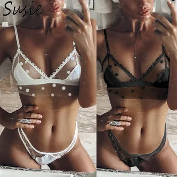 

Womens Erotic Sheer Mesh Underwear Lingerie Set Deep V-Neck Triangle Cup Bralette Low Rise G-String Vintage Polka Dot Nightwear