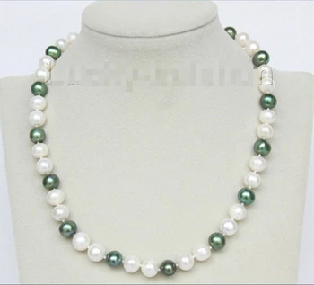 

FREE shipping> >>>Genuine 17" 10mm green white freshwater pearls necklace j9397