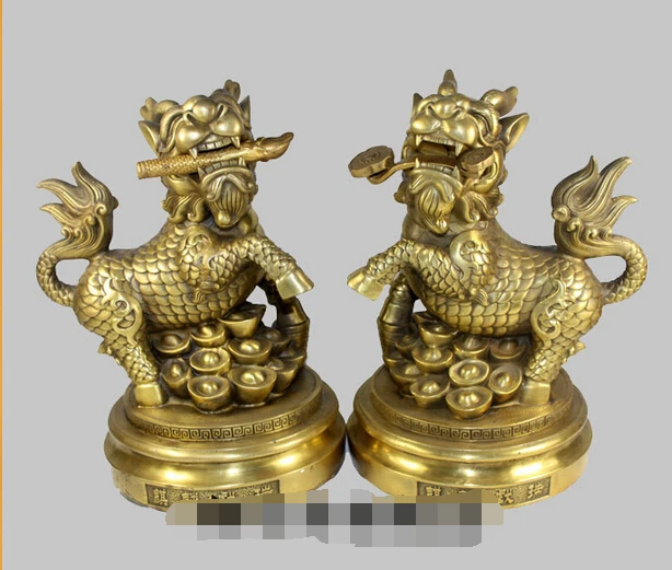 

10" China Fengshui Door Guardian Beast Dragon Kylin Bring Luck Bronze Statue R0713 B0403