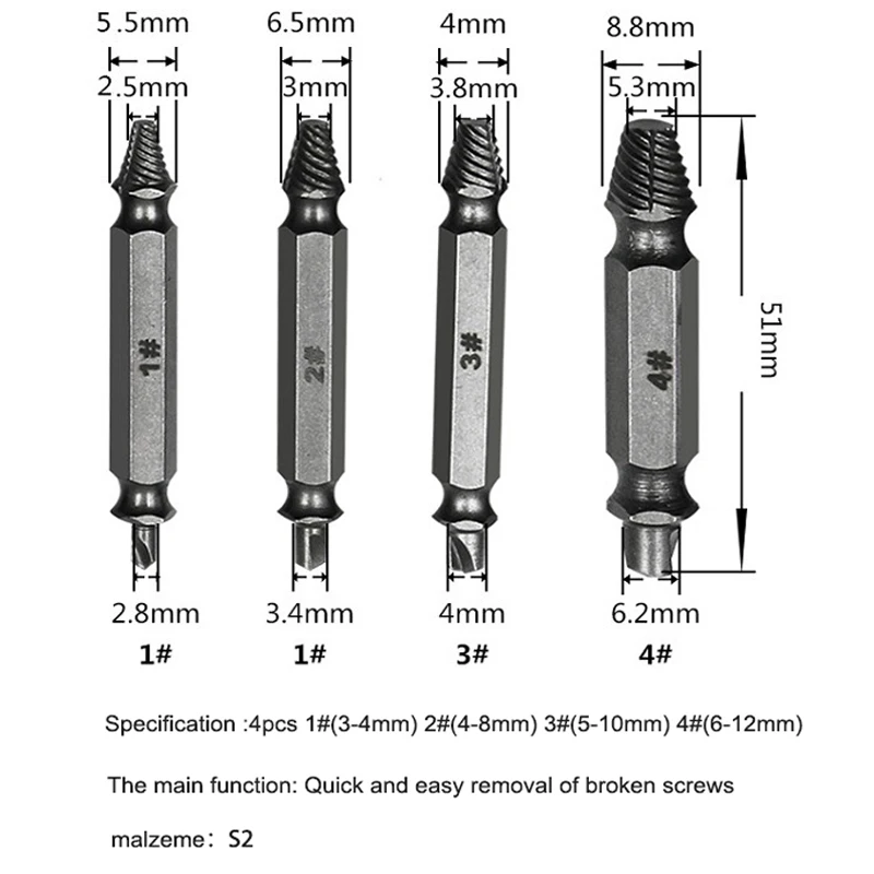 4 шт. Шурупы для извлечения сверл набор для удаления сломанных винтовых болтов Fastner легкие Шурупы для удаления шурупов
