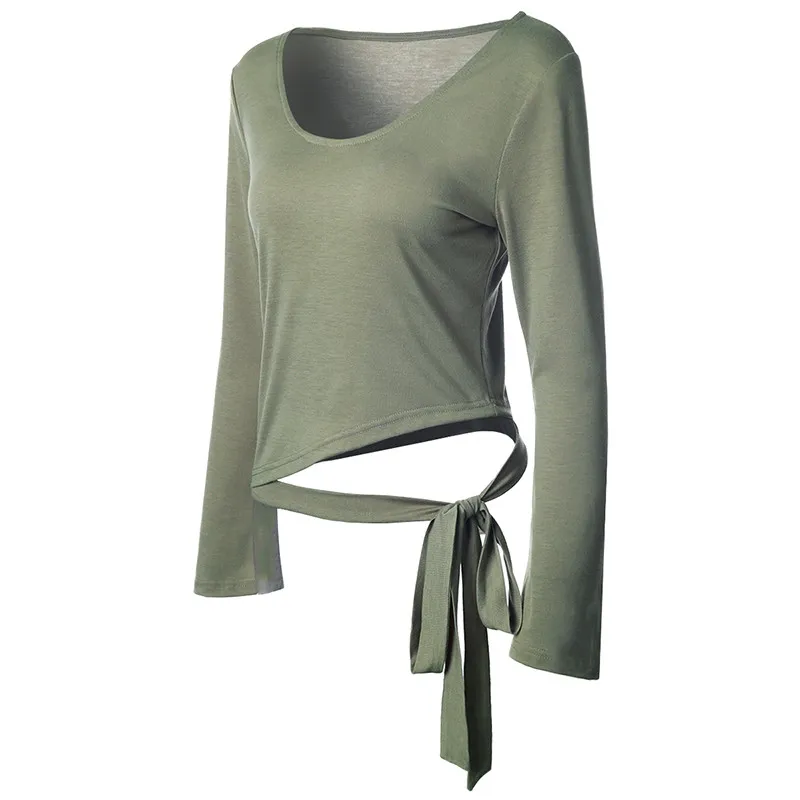 Lumier Women's Sports T-shirt Scoop Neck Wrap Bandage Tie Yoga Ballet Dance Top Breathable Autumn Sportswear Sport Jerseys Shirt (5)