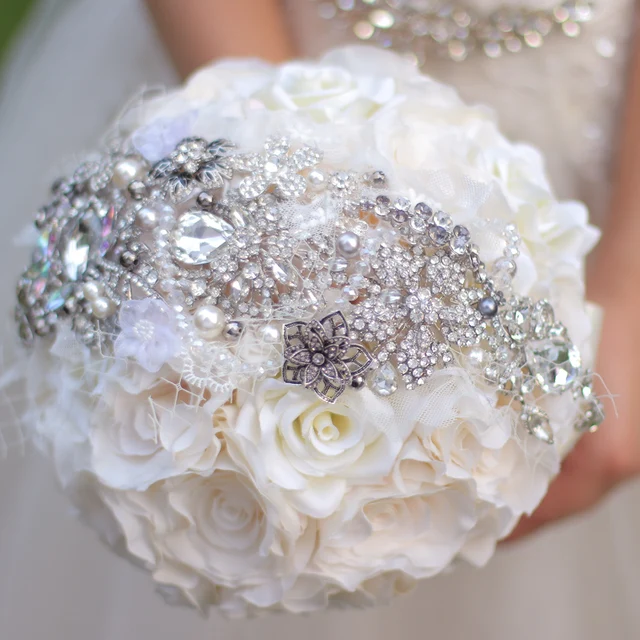 Ivory Roses Brooch Bouquet Silk Flower Bouquets Custom Rhinestone Ivory Roses Brooch Bouquet Silk Flower Bouquets Custom Rhinestone Bridal Wedding Supplies Bride S