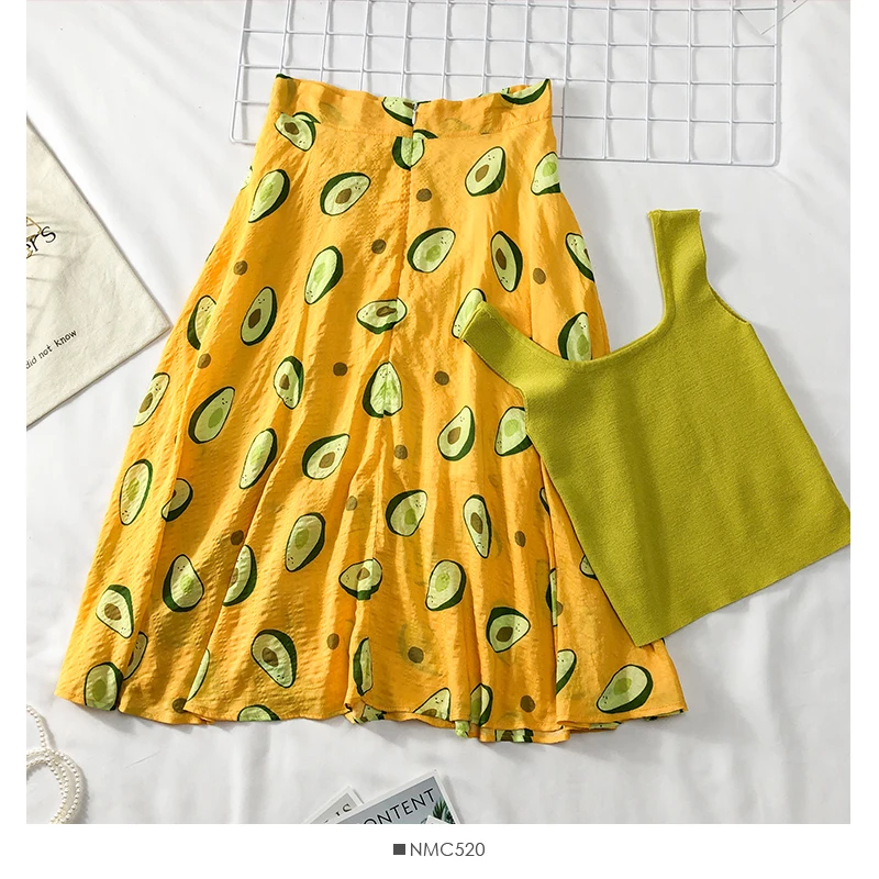 

Avocado printed high waist skirt camisole Set Summer Kint Top Fruit print skirt 2 piece set women's clothing sets club outfits