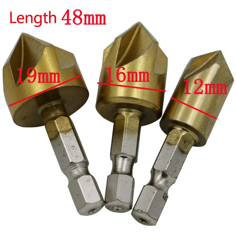 3PCS 1/4'' 6.35mm shank,12mm 16mm 19mm Titanium Coated Countersinks 5 Blade 82 Degree Chamfering Cutter Chamfer Drill Press