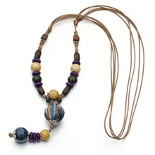 New Fashion 2016 Collares Mujer Ethnic Women’s Long Ceramic Beads Wood Pendant Necklace Sweater Chain Maxi Necklace Femme