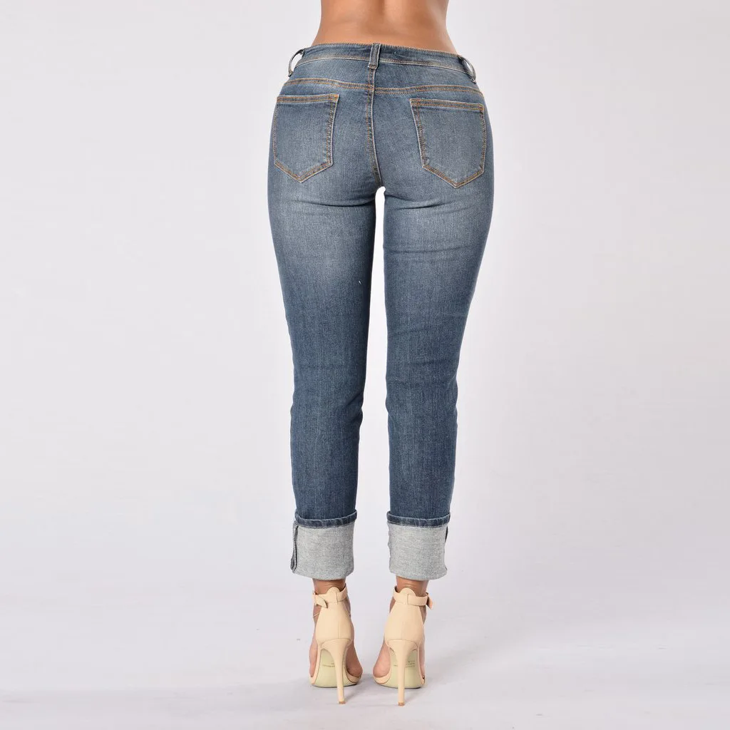 Однотонные офисные женские джинсы деним модные манжеты узкие с высокой талией рваные брюки-карандаш прикладочные брюки