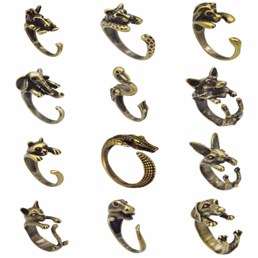 QIAMNI Cute Animal Cat Wolf Lion Rabbit Horse Dog Elephant Crocodile Fox Dinosaur Ring Women Men Birthday Jewelry Pet Lover Gift
