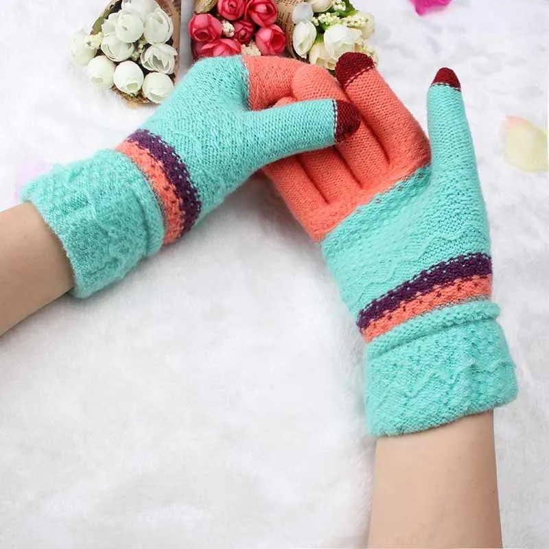 

C MISM New Warm Gloves Female Thick Knitted Patchwork Full Finger Gloves Winter Wrist Mittens Screen Sense Mitaine Femme Luvas