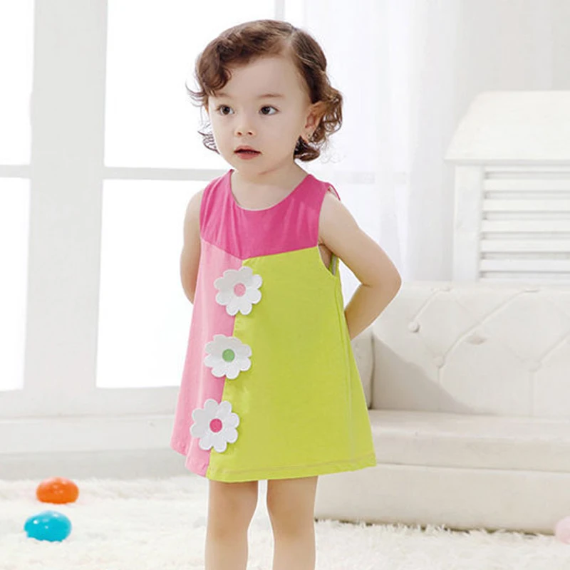 Летние платья для маленьких девочек Хлопковое платье-майка детское платье трапециевидной формы с цветочной аппликацией детская одежда для 1-3 лет