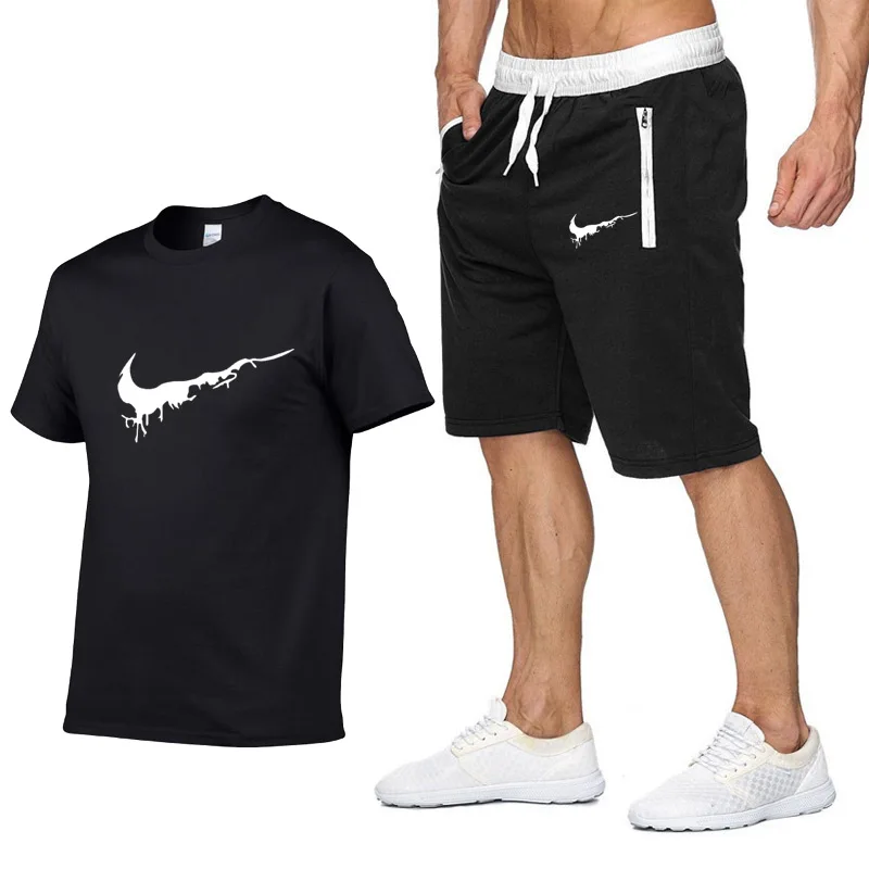 

2019 New Brand Logo Mens T-Shirts suit 2piece Summer cotton Short Sleeve T Shirts+Shorts casual Tee Shirts Male T shirt Homme