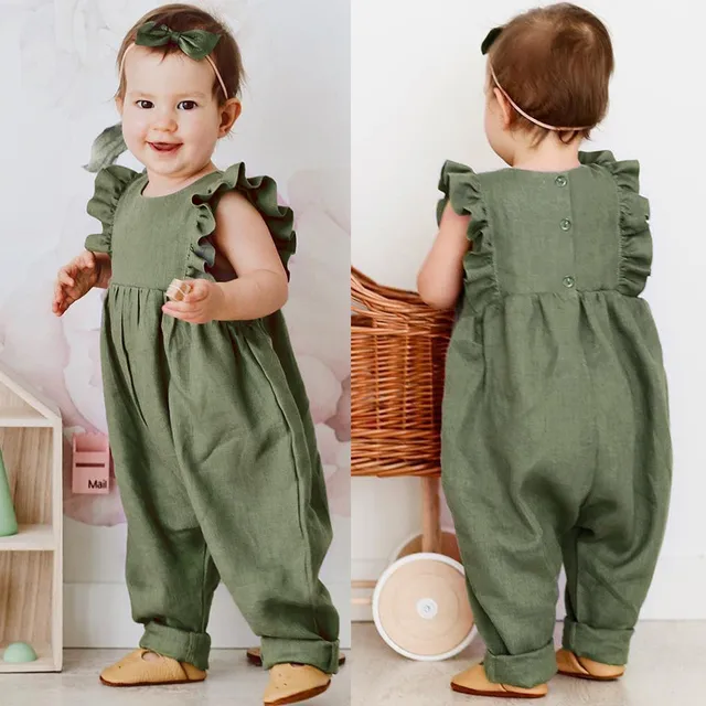 US $5.24 Boys&Girls Jumpsuit Sleeveless Ruffles Solid Print linen romper new born baby clothes bebek tulum u