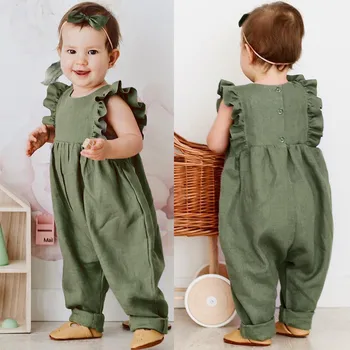 

Boys&Girls Jumpsuit Sleeveless Ruffles Solid Print linen romper new born baby clothes bebek tulum unisex baby clothes