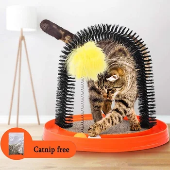 

Pet Cat Groomer With Arch Round Fleece Base Toy Brush Scratch Board Turbo with Catnip Beauty Massager Exercise Training Tool