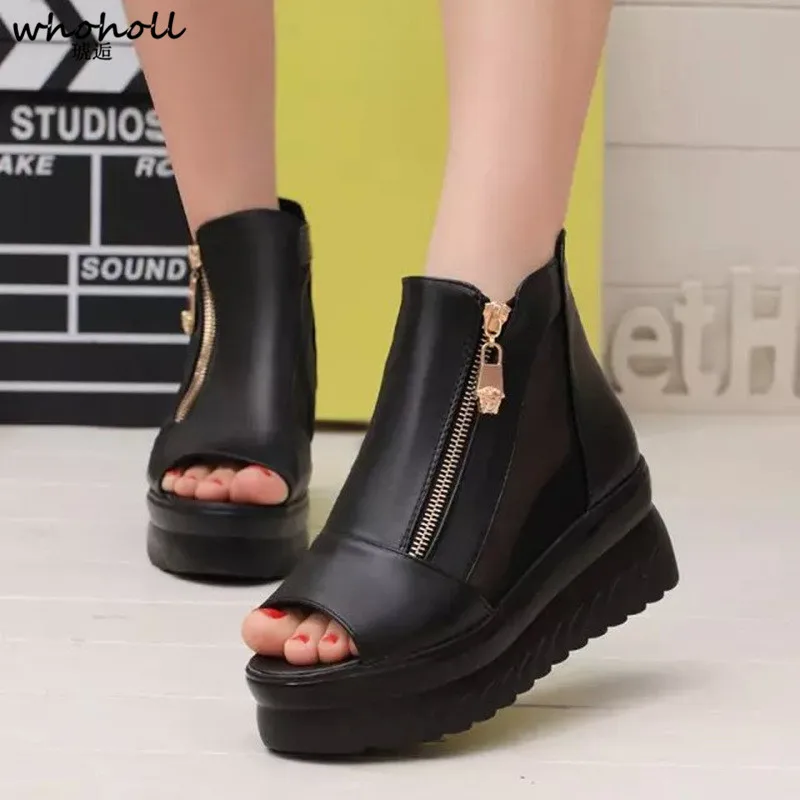 

WHOHOLL 2019 New Summer Wedge Heels Women Flats shoes Open Toe Fish Head Platform Shoes High Heels breathable Women Shoes