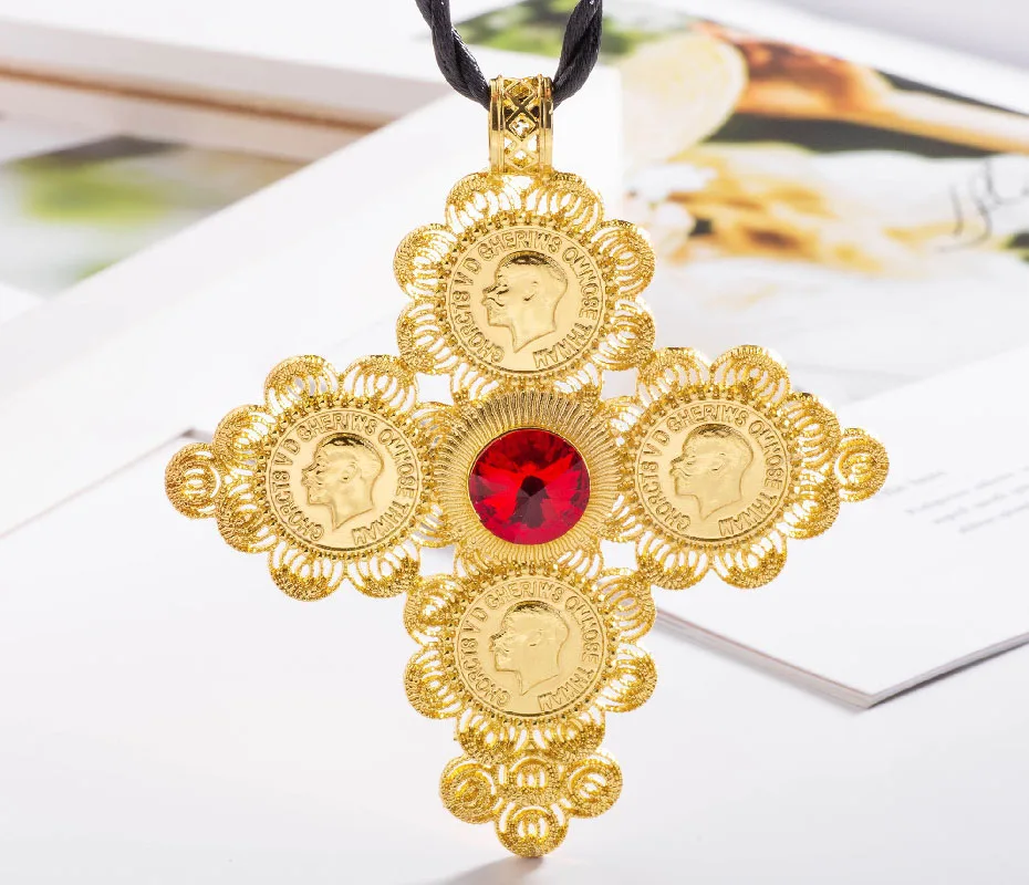 Shamty большой размер Эфиопский крест Монеты Кулон Веревка Цепь женское ожерелье золотой цвет модные украшения Африканский Свадебный подарок D30066