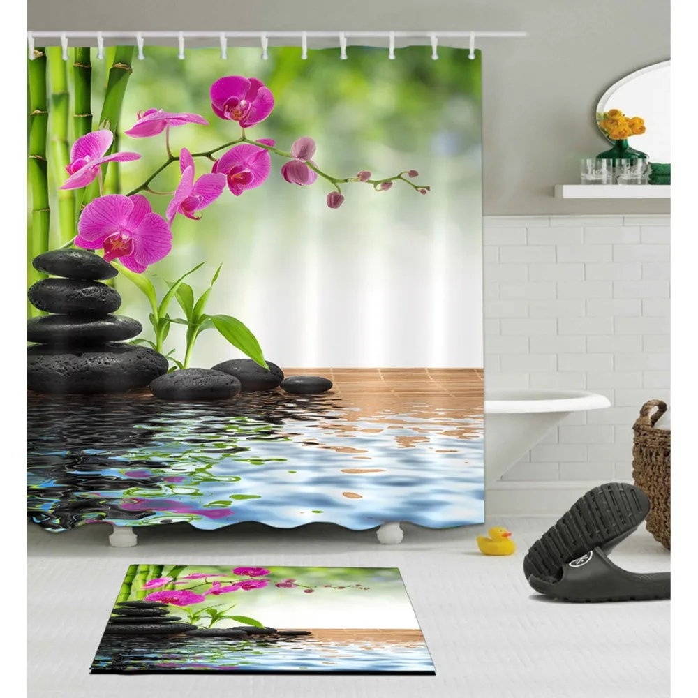 

Spa Spring Zen Shower Curtain with Rug Set Bamboo Orchid Stone Bathroom Screens Waterproof Polyester Fabric for Bathtub Decor