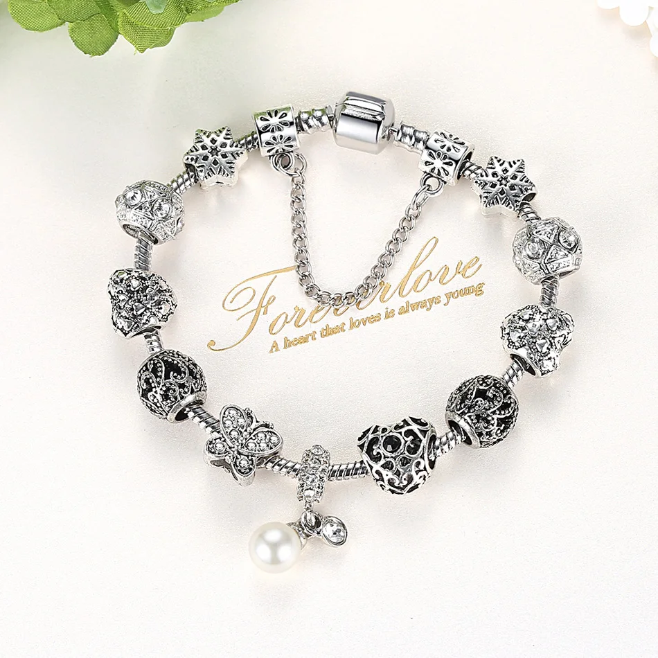 Античный серебряный шарм браслет и браслет для женщин с цветком сердце муранская нитка стеклянных бус браслеты дружбы DIY Ювелирные изделия