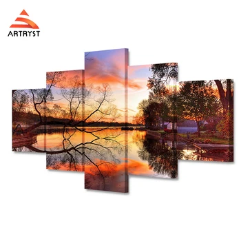

Home decor 5 panel modular canvas art sunset tree water landscape poster HD print on canvas for living room wall art picture