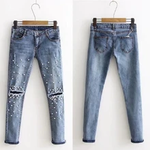Для женщин мода Уничтожено Ripped обрушенное Тонкий джинсовые штаны вышитые вспышек Джинсы Брюки джинсовые длинные отверстие сексуальные
