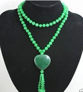 

ddh002247 Beautiful green jade bead long Heart Pendant necklace
