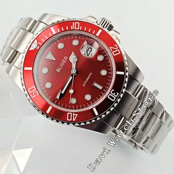 

40mm Bliger Red Dial Sapphire Automatic Steel Strap Men's Wristwatches 2779