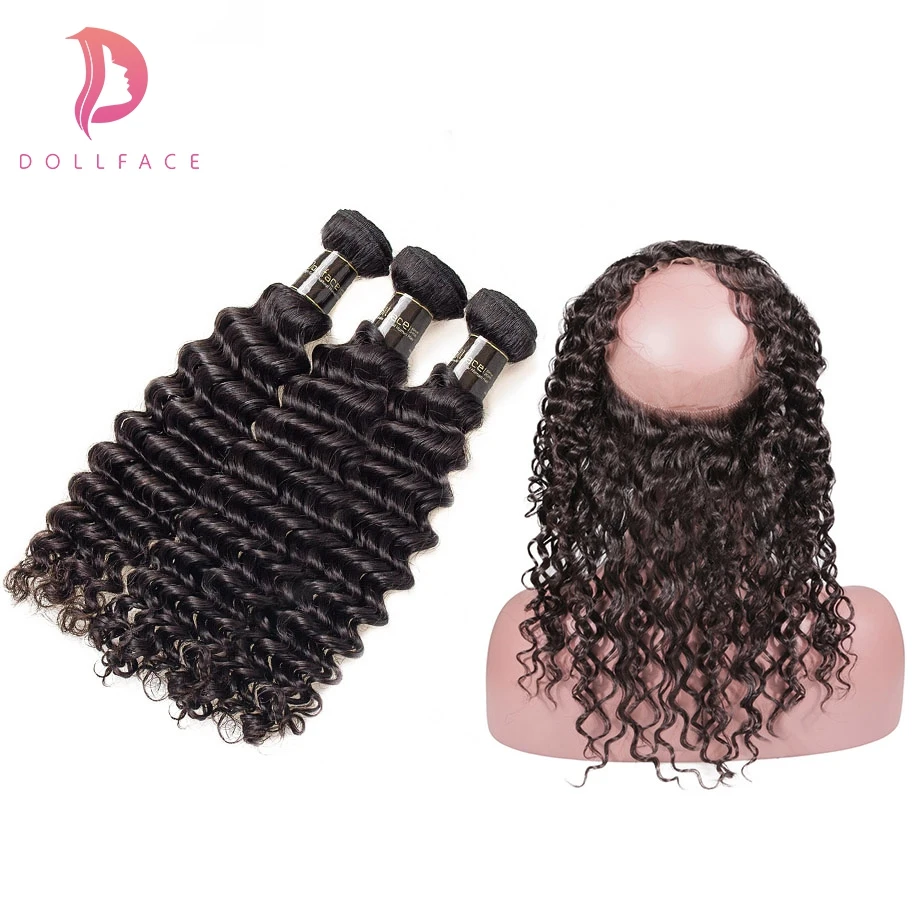 Dollface Малайзии Волосы remy с 360 закрытия глубокая волна волос 3 человека пучки волос с 360 фронтальной бесплатная доставка