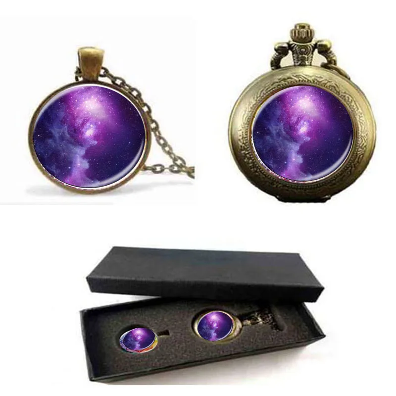 

Fashion Galaxy Nebula Space Pendant Necklace Glass Cabochon Vintage Jewelry Statement pocket watch with free box Women Best Gift