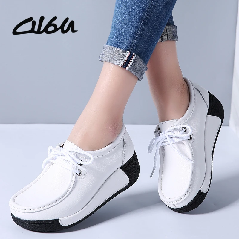 

O16U 2018 Women Flat Platform Shoes Genuine Leather Lace up Casual Shoes Ladies Hand made Women Flats heels Creepers Moccasins