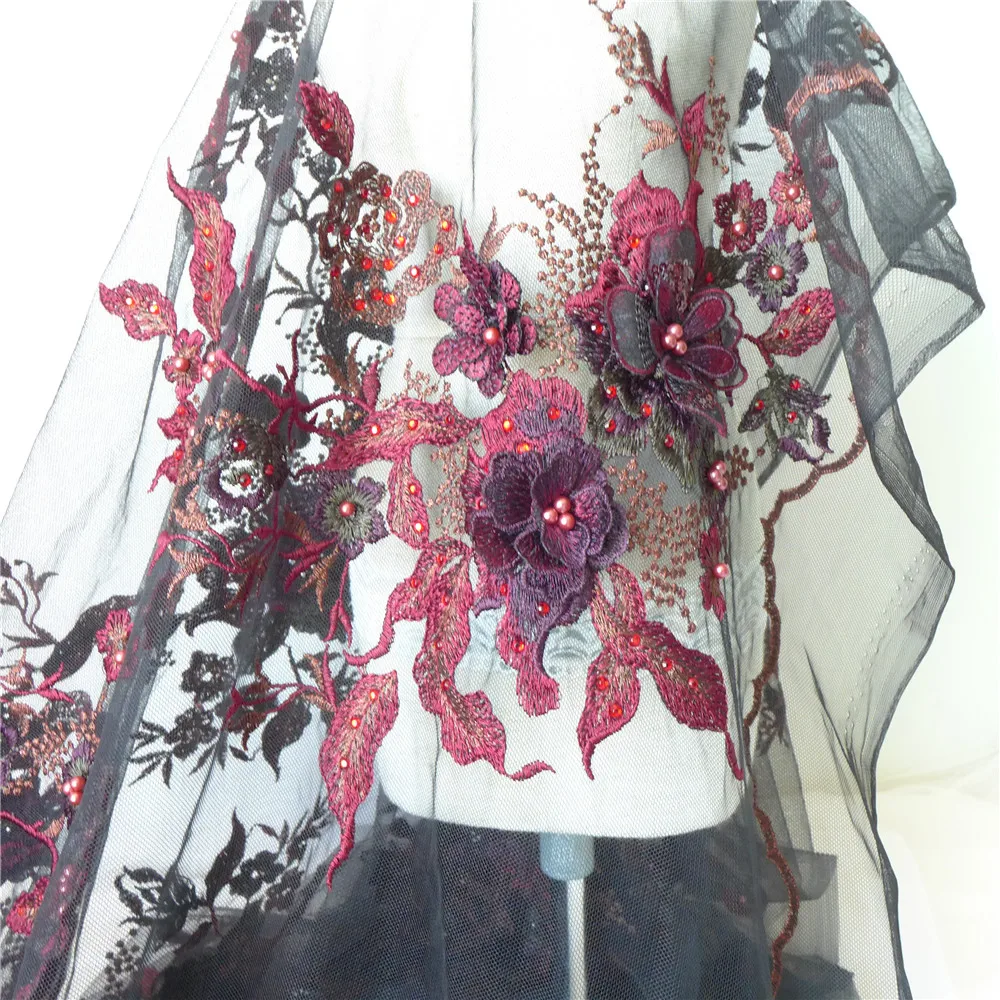 Нежное Красное вино/черный 3D цветок вышитый тюль сетка ткань Блестки жемчуг бисером свадебное платье ткань 12 шт. аппликации