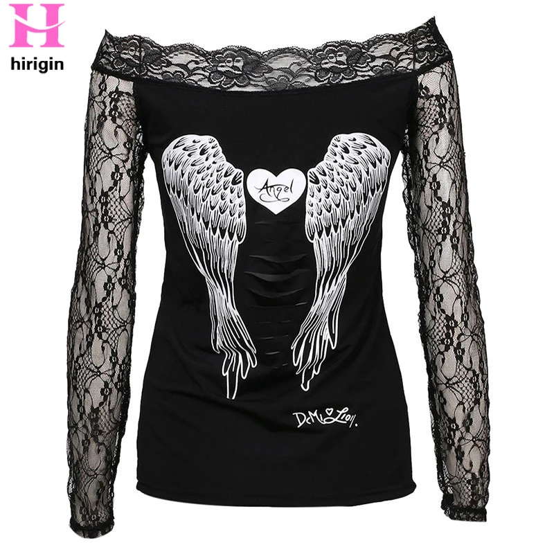 

HIRIGIN 2017 Blouses Women angel wings back printing long sleeve loose Prints Shirt Casual Lace Off Shoulder Blouse Cotton Tops