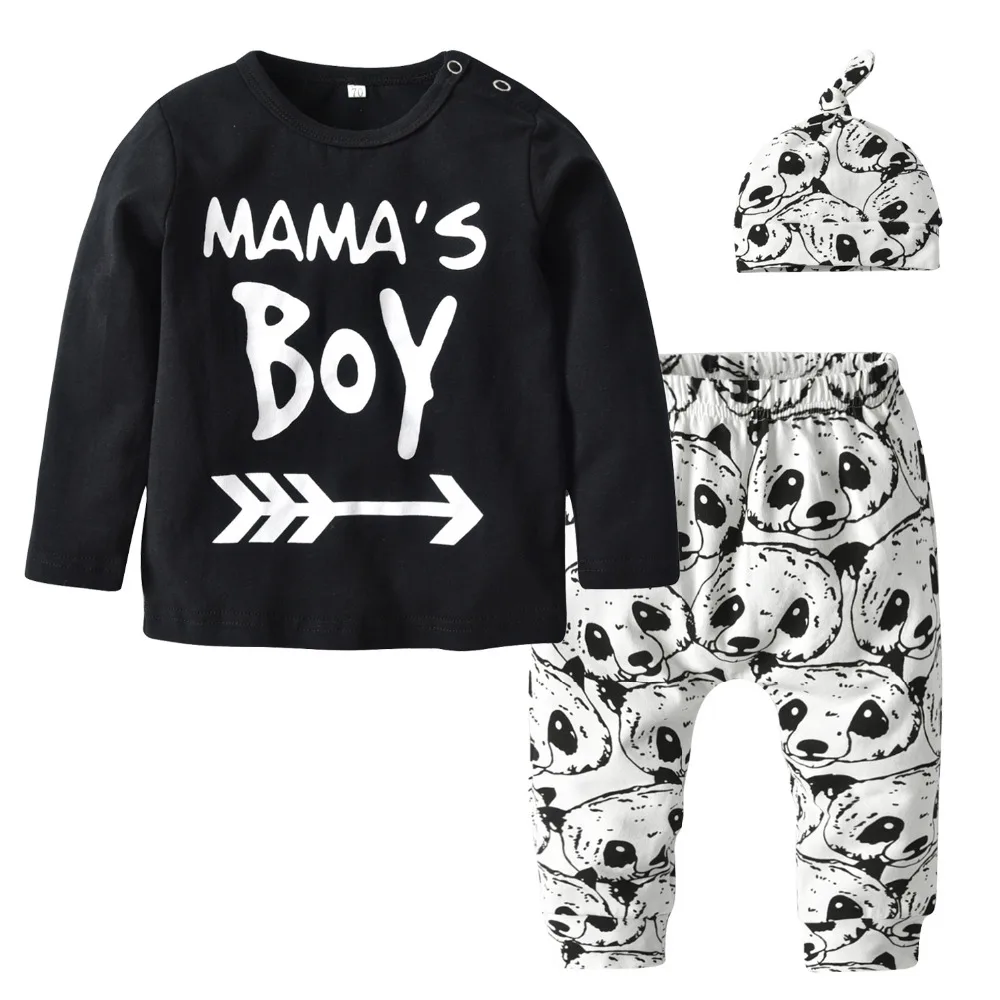 

Autumn Newborn Baby Boy Casual Clothes Set Black Color Letters Print Tops + Panda Printed Pants + Warm Hat Toddler Outfits 3PCS