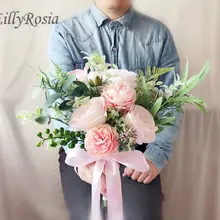 Ramo de novia Искусственный Свадебный букет ручной работы с пионами, розовые и ярко-розовые розы, цветы для подружек невесты, свадебный букет