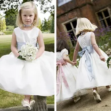 ; коллекция года; белые платья принцессы из органзы без рукавов с круглым вырезом и цветочным узором для девочек; с лентами; Длина до щиколотки; HU1059