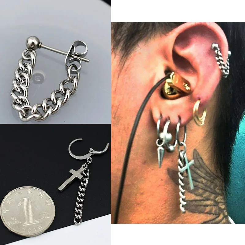 

1Pcs Punk Stainless Steel Plane Cross Man Earrings Chain Clip Earring Without Piercing Ear Cuff for Men Boy Earrings Jewelry