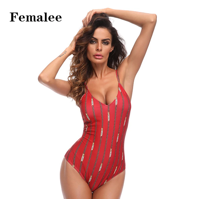FEMALEE Zipper Print Watermelon Red One Piece Swimsuit Padded Backless