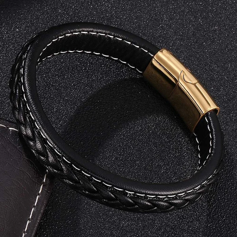 Браслеты с подвесками для мужчин, черный кожаный браслет, 3 цвета, нержавеющая сталь, магнитные застежки, индивидуальный мужской браслет на запястье, подарки ST728
