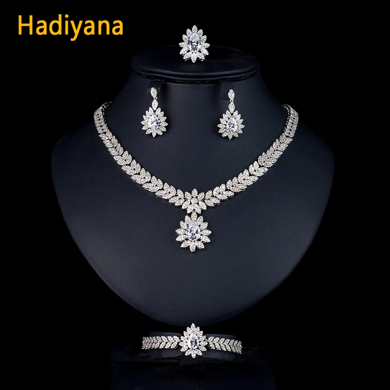 

Hadiyana Water Drop White Zircon CZ 4pc sets Necklace Earring Ring And Bracelet Wedding Jewelry Set For Women Bridal Party CN201