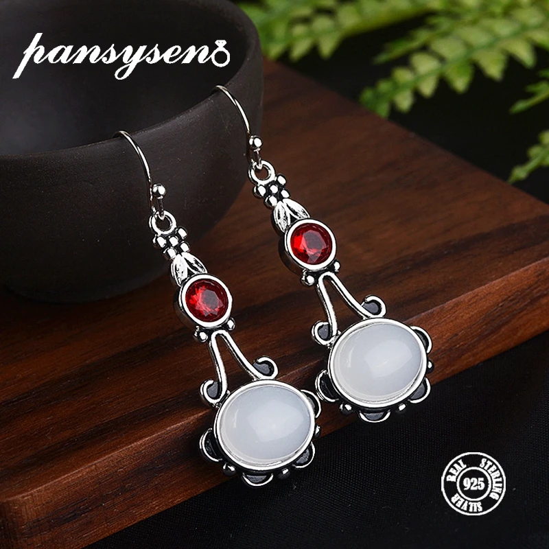 

PANSYSEN Wholesale Fashion Jewelry 925 Silver Moonstone Earrings for Women Ethinic Ladies Wedding Jewelry Drop Earrings Gifts
