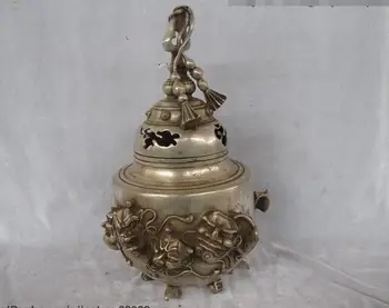 

China Folk Classical Silver carved Japanese Demons Masks Incense Burner Censer