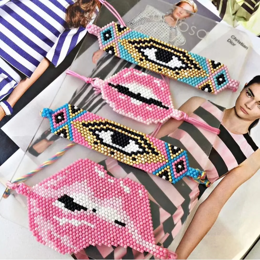 激安 Balibali ラッキーみゆきシードビーズブレスレット邪眼咬傷唇ピンク赤シードビーズ手作り調節可能なロープ女性ジュエリーギフト