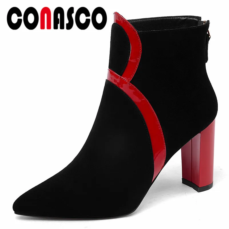 

CONASCO Fashion Women High Heels Ankle Boots Zipper Autumn Winter Martin Shoes Woman Suede Leather Sexy Office Pumps