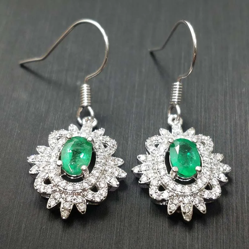 

FLZB, 100% natural emerald gemstone ov4*6mm earrings in 925 sterling silver with white gold beautiful long earrings for lady