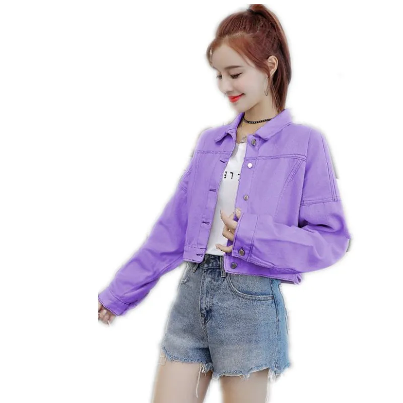 

Spring Autumn For Women Denim Jacket 2019 Extra Short Slim Short Denim Jacket Turn-Down Collar Button Batwing Sleeve Coats Q1245