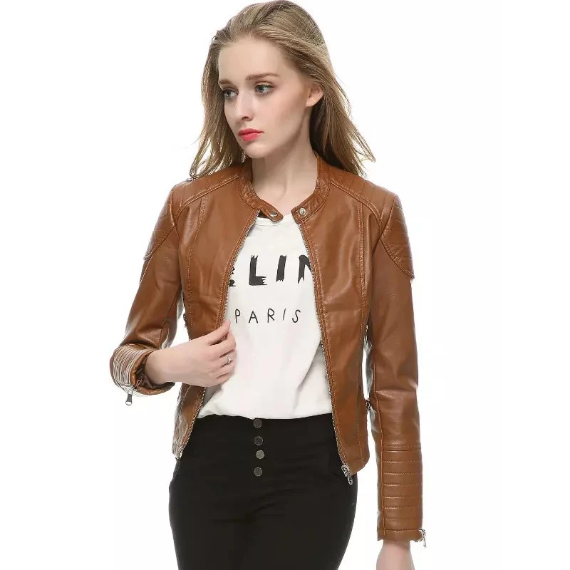 Autumn Winter Women Faux Leather Jackets and Coats Lady Pu Motorcycle Brown Zipper Coat Streetwear Biker Outerwear