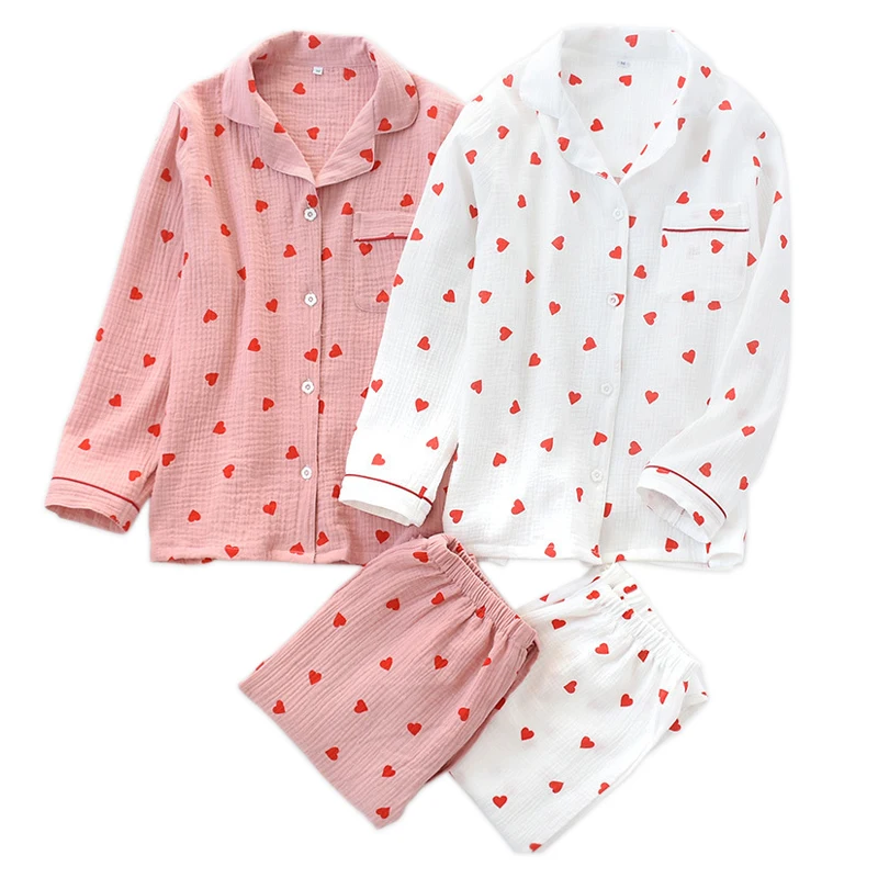 

Fresh loving heart pajamas sets women 100% crape cotton 2019 new spring cute homewear casual long-sleeve pyjamas women