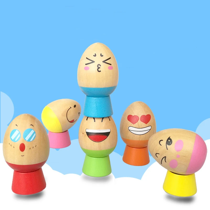 1Set Creative Children Wooden Egg Stacking Blocks Kids and Parents