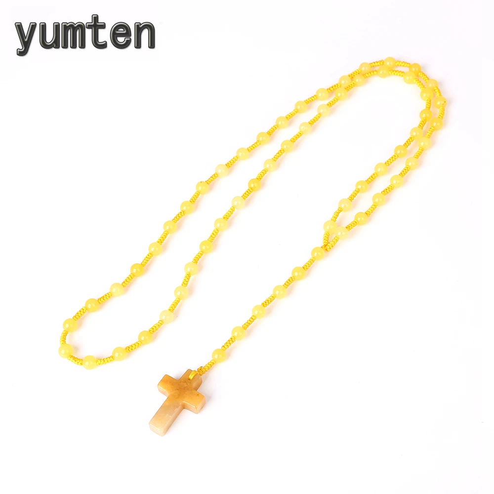 

Yumten Topaz Pendant Agate Beaded Long Necklace Natural Stones Gems Cross Rosary Sweater Chain Neutral Vintage Erkek Kolye