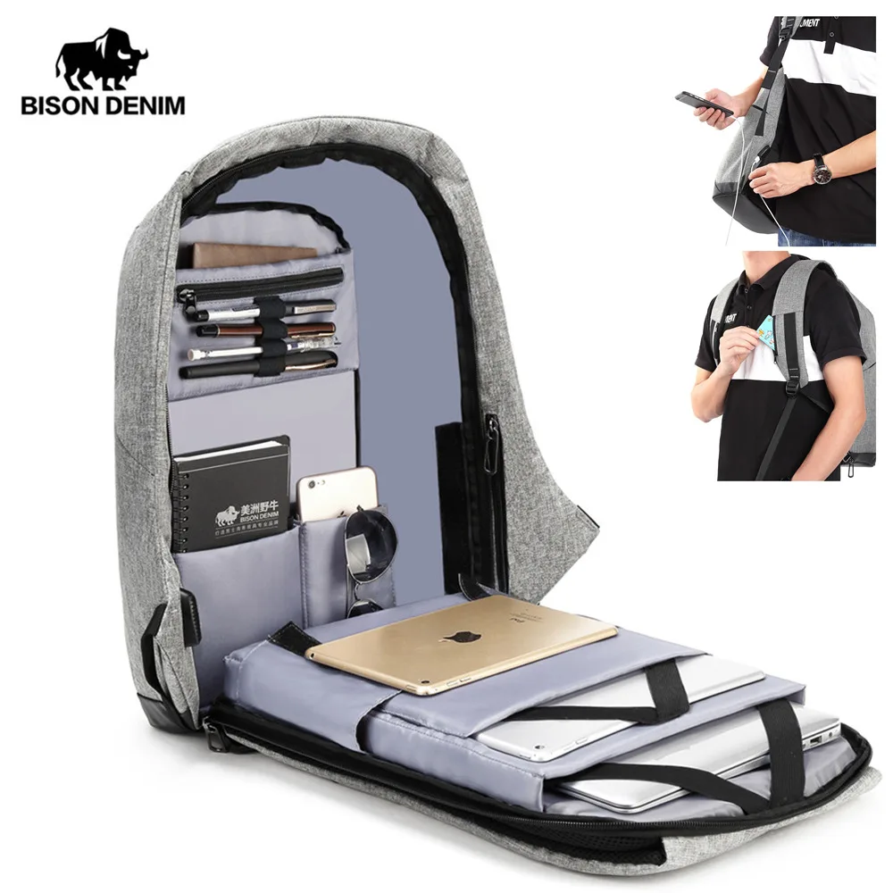 

BISON DENIM USB Charge Anti Thief Backpack Men Leisure Travel backpack School Bags Teenager Male 15 inches Laptop Backpack N2714